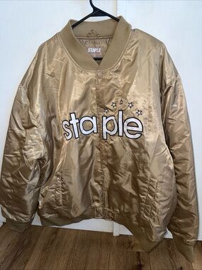 Staple Pigeon Satin Bomber Jacket Button Snaps Outdoors Gold Tan Men's Size 3XL